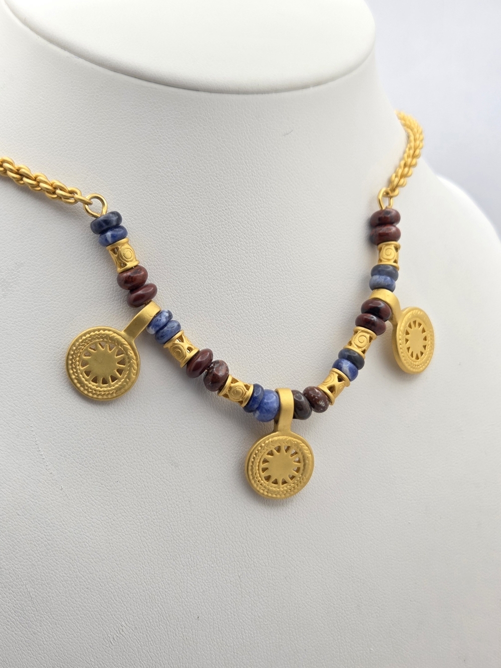 Gold Tone Coin Medallion Beaded Choker Necklace Greco Roman Style 15"